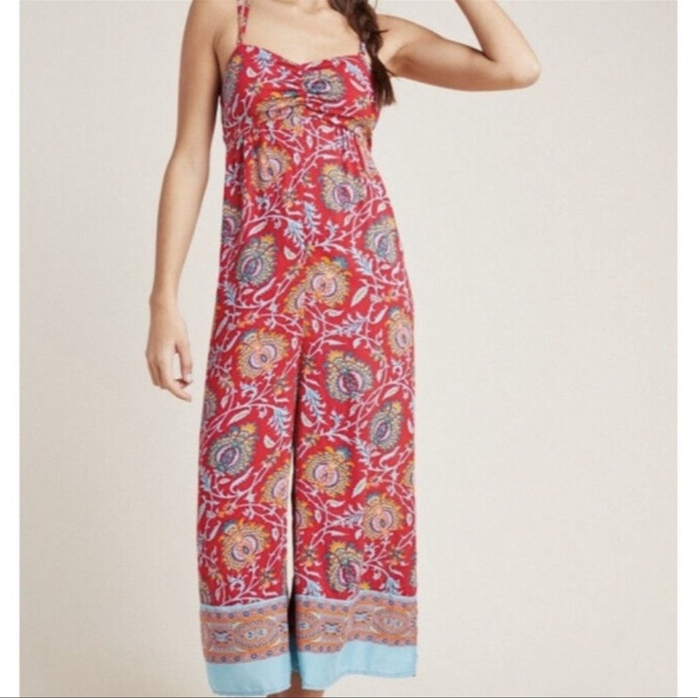 Anthropologie romper jumpsuit floral small wide leg soft red boho